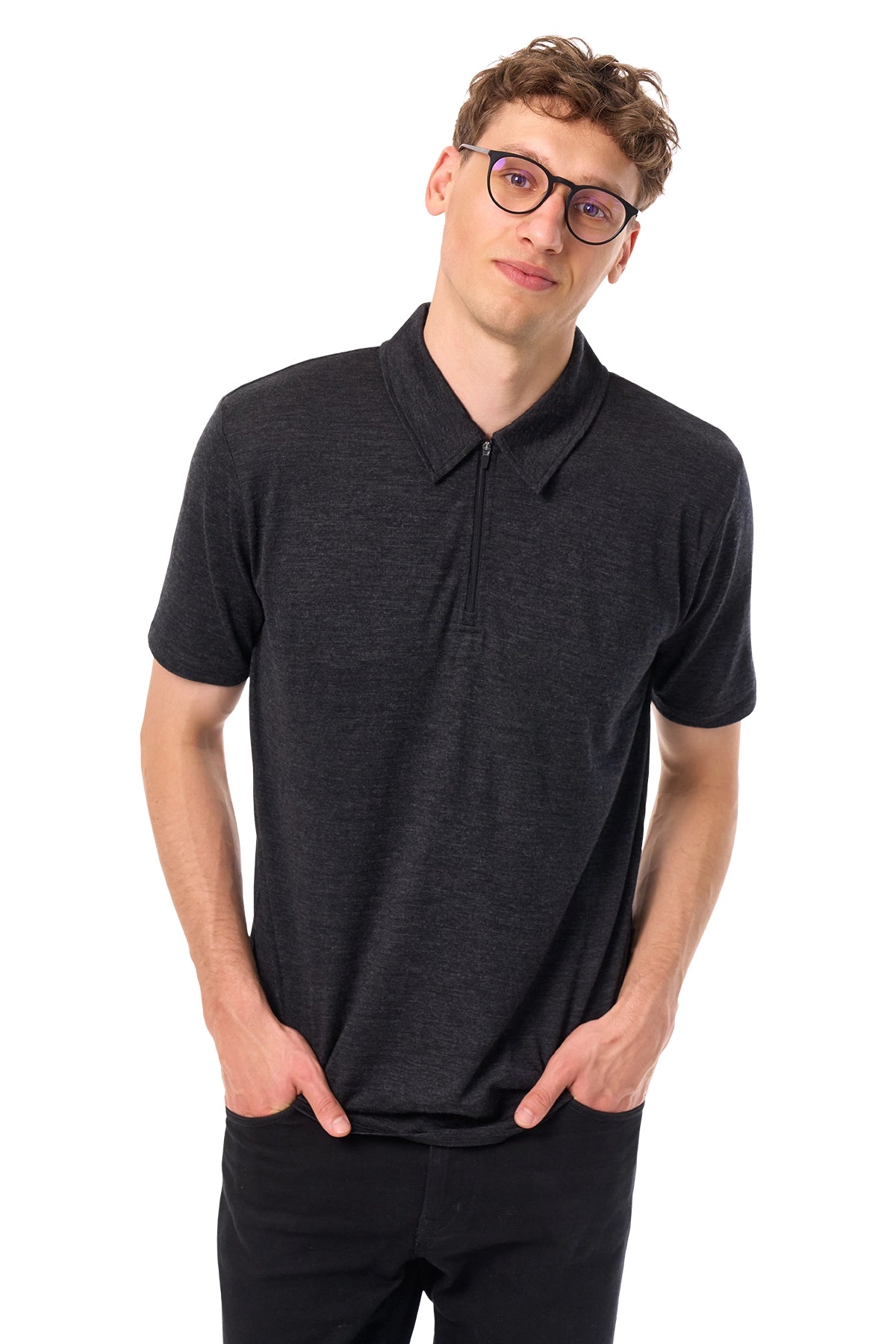 Men's Merino Half Zip Polo Charcoal Grey — view 3