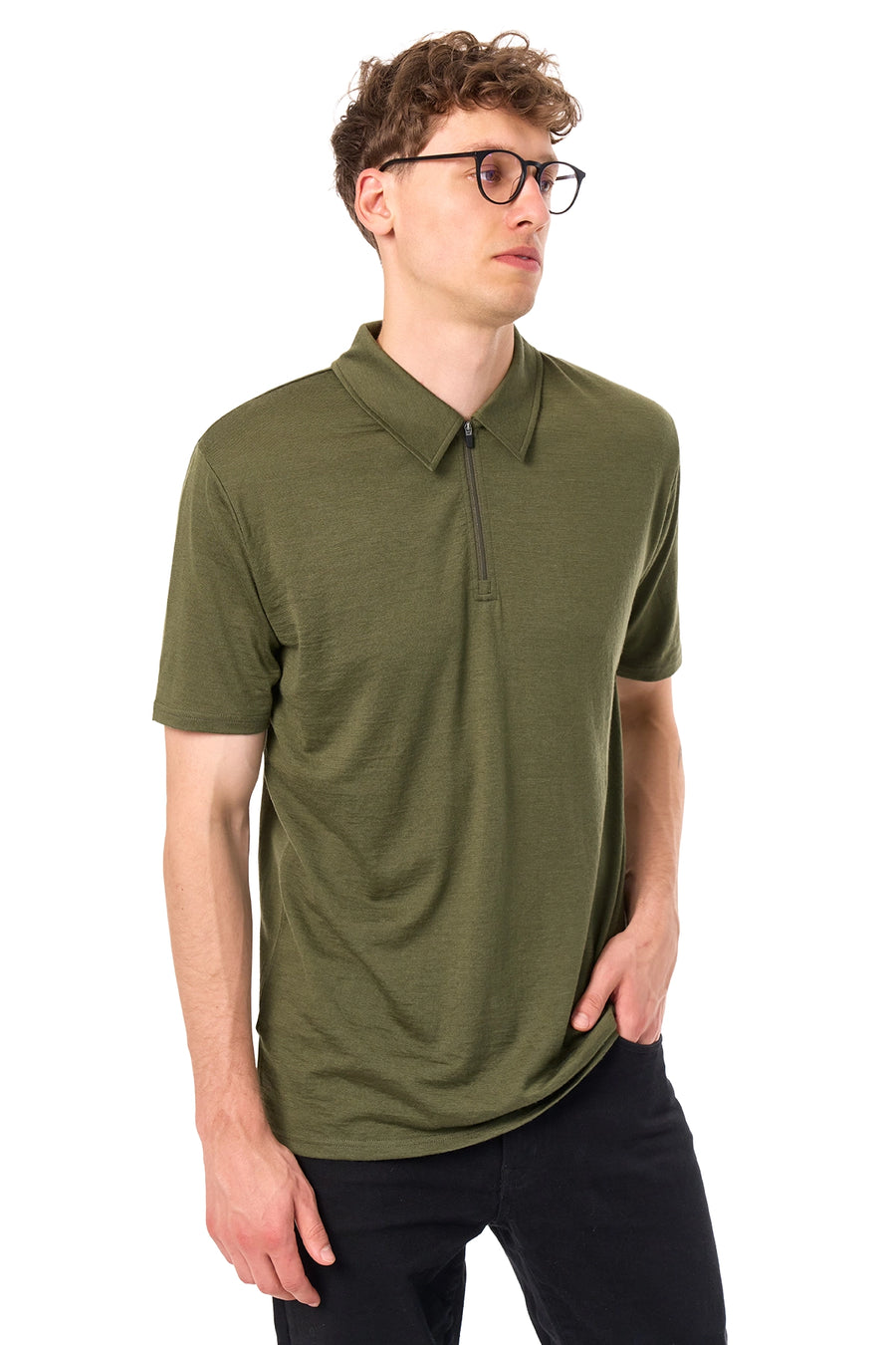 Men's Merino Half Zip Polo Dark Olive — view 4
