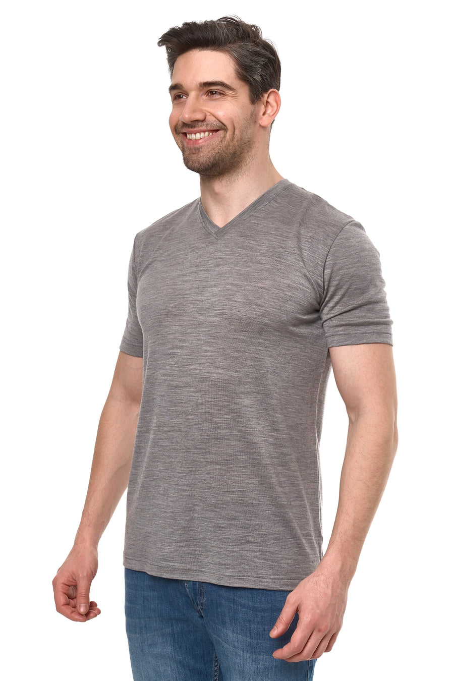 Men's Merino Sport T-shirt Grey Melange V-Neck — view 3