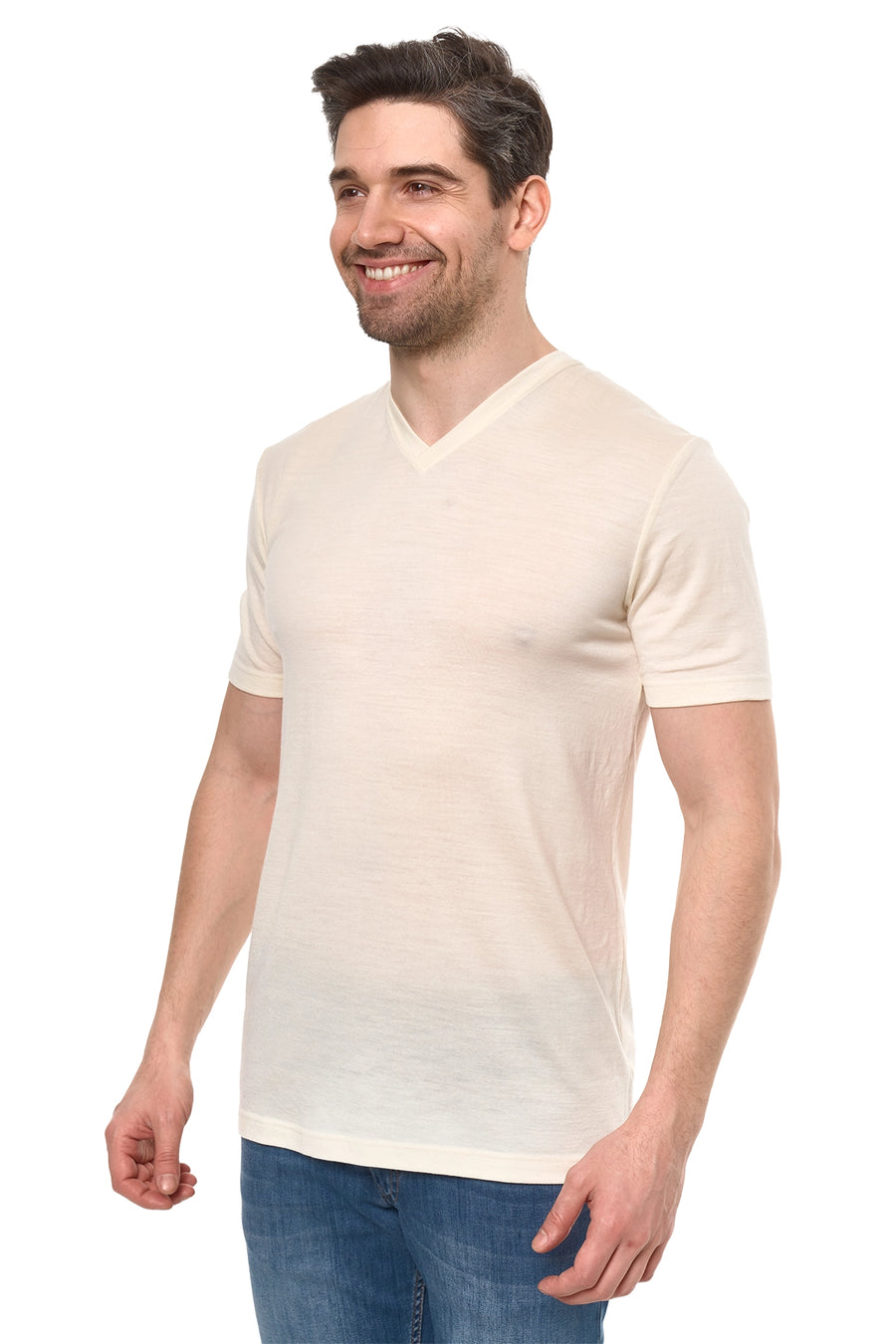 Men's Merino Sport T-shirt Ivory White V-Neck — view 3