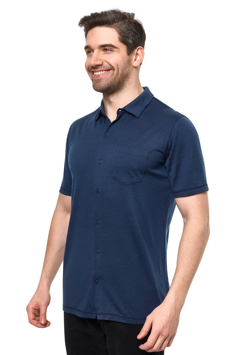 Men's Merino Button-Up Short Sleeve Shirt Navy — view 2