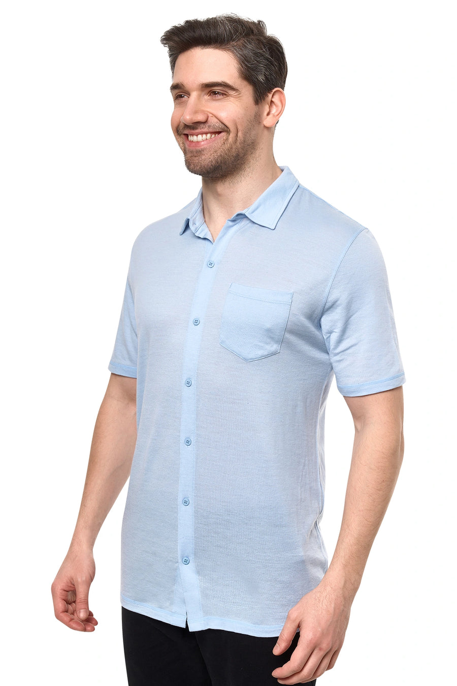 Men's Merino Button-Up Short Sleeve Shirt Oxford Blue — view 2