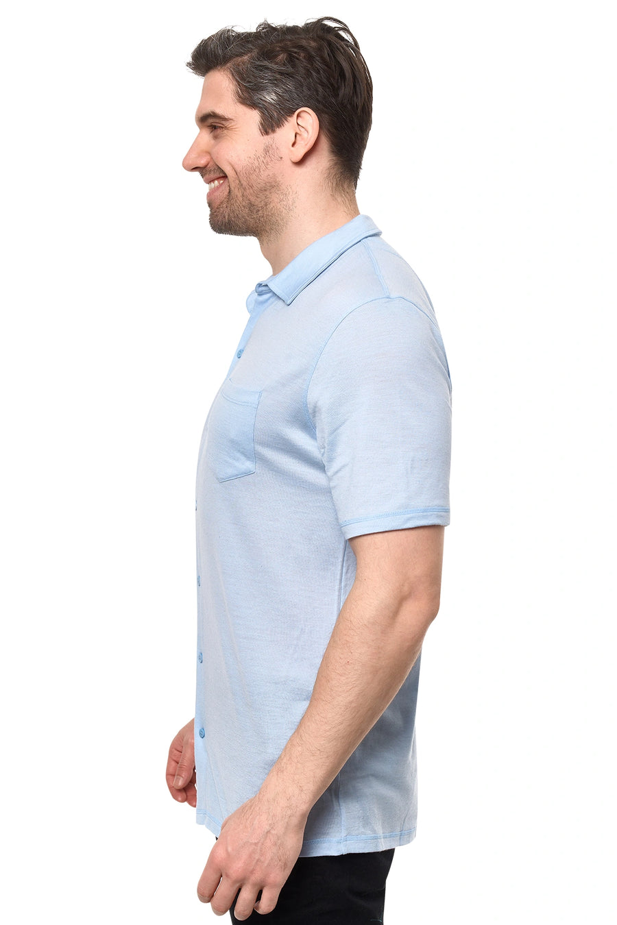 Men's Merino Button-Up Short Sleeve Shirt Oxford Blue — view 3