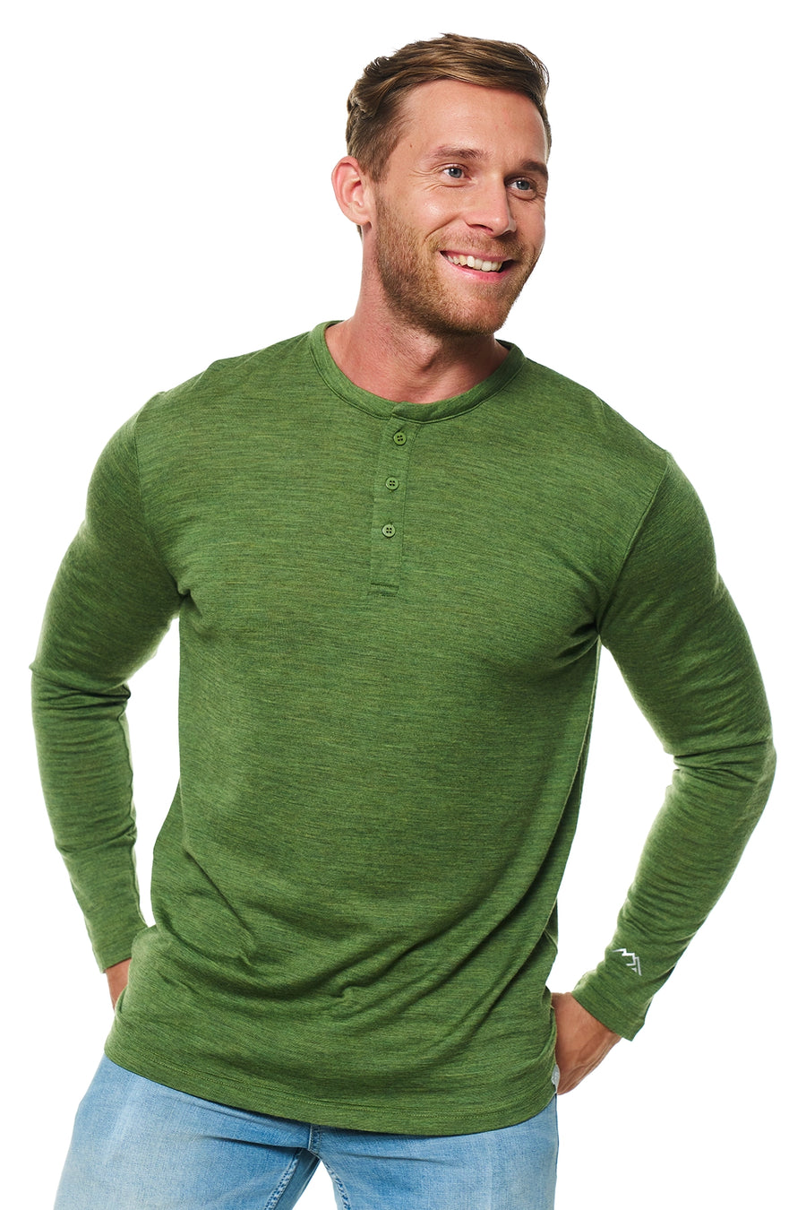 Men's Merino Wool Henley Long Sleeve 170 Green Olive — view 3