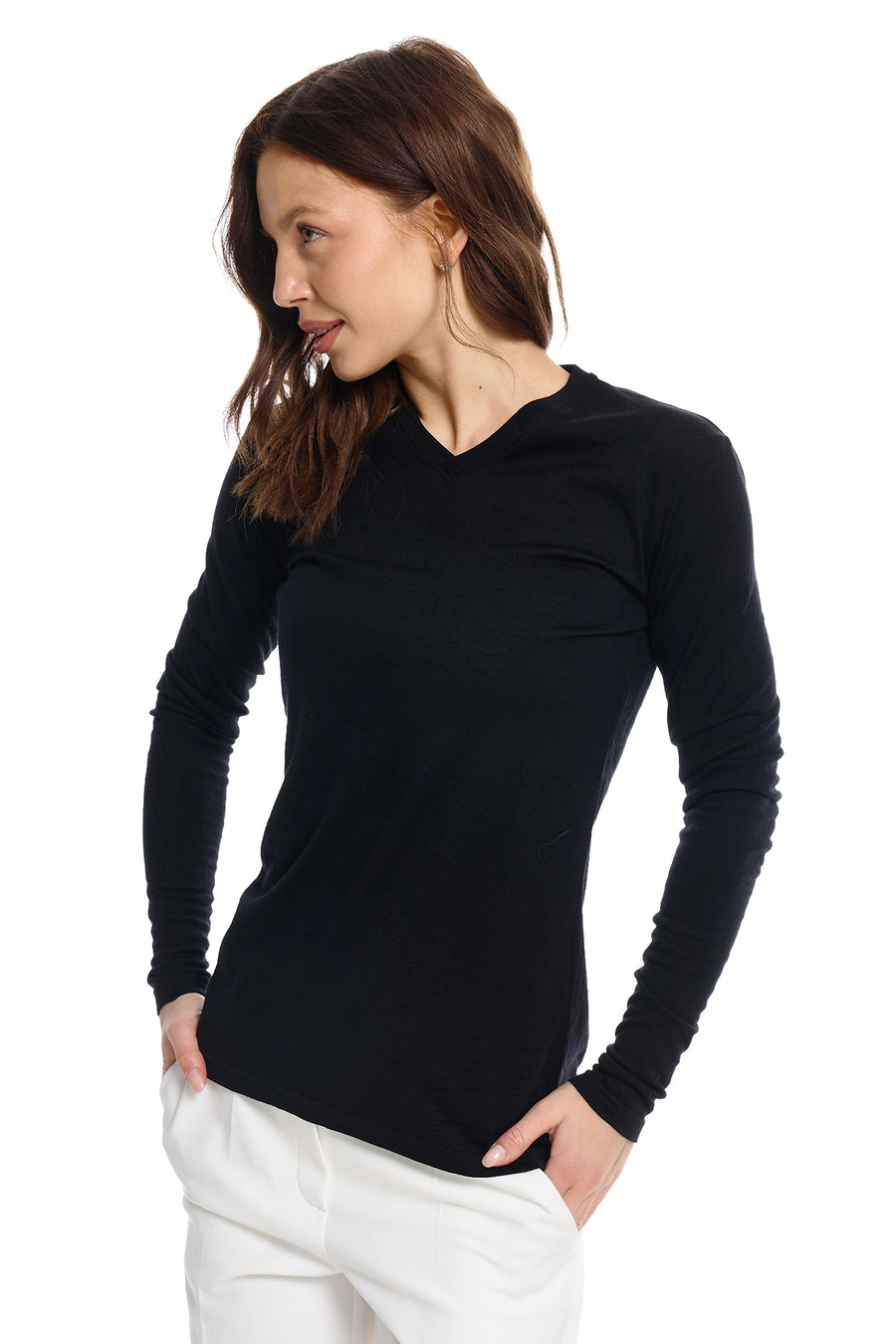 Women's Merino Long Sleeve 190 Black V-Neck — view 3