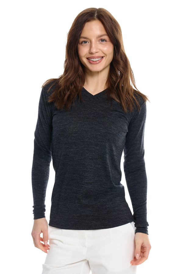 Women's Merino Long Sleeve 190 Melange Black V-Neck