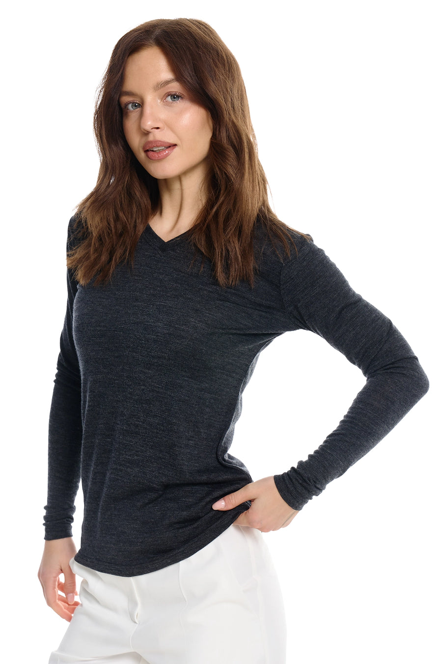 Women's Merino Long Sleeve 190 Melange Black V-Neck — view 3
