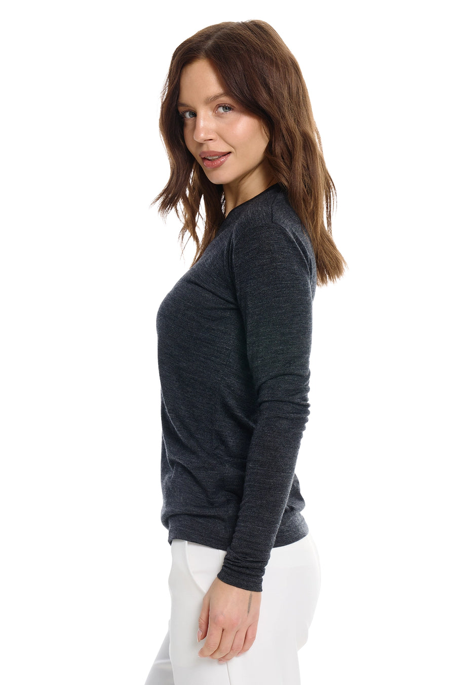 Women's Merino Long Sleeve 190 Melange Black V-Neck — view 4
