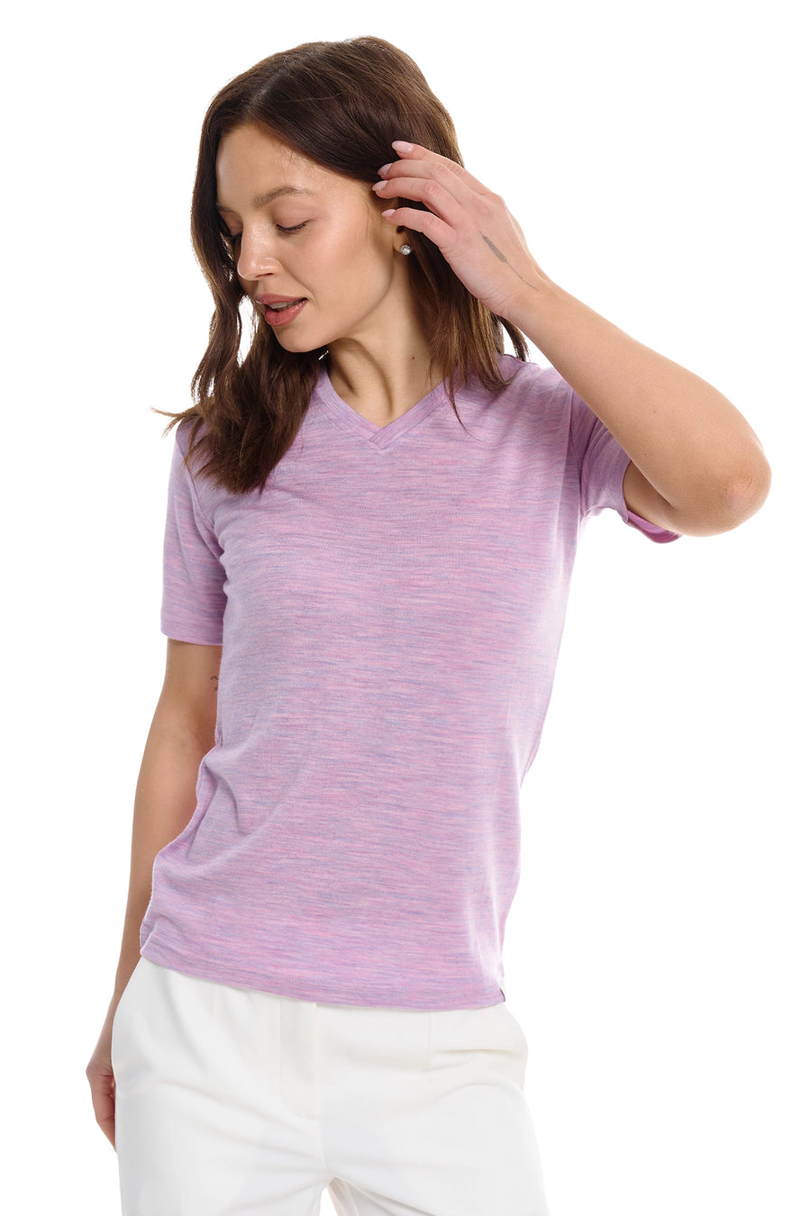 Women's Merino T-shirt 180 Lilac Heather V-Neck — view 2