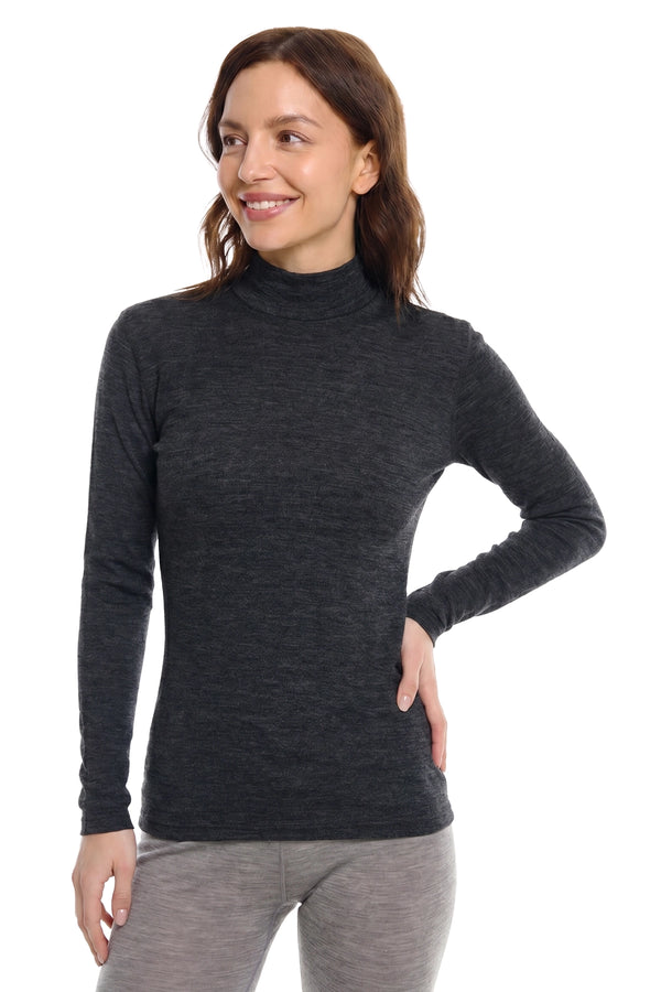 Women's Merino Turtleneck Long Sleeve 260 Heathered Black Low Neck
