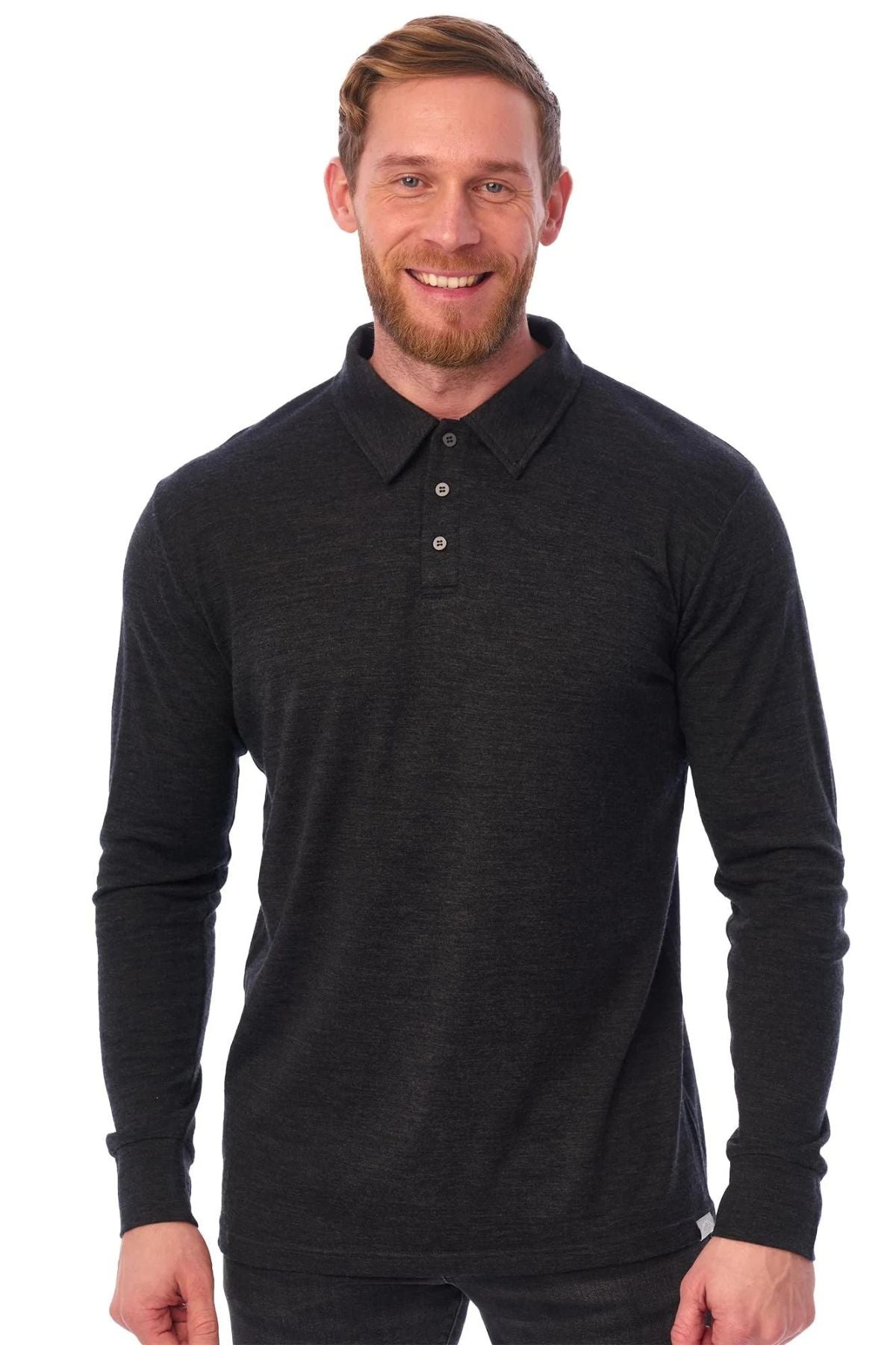 Men s Merino Wool Long Sleeve Polo Charcoal