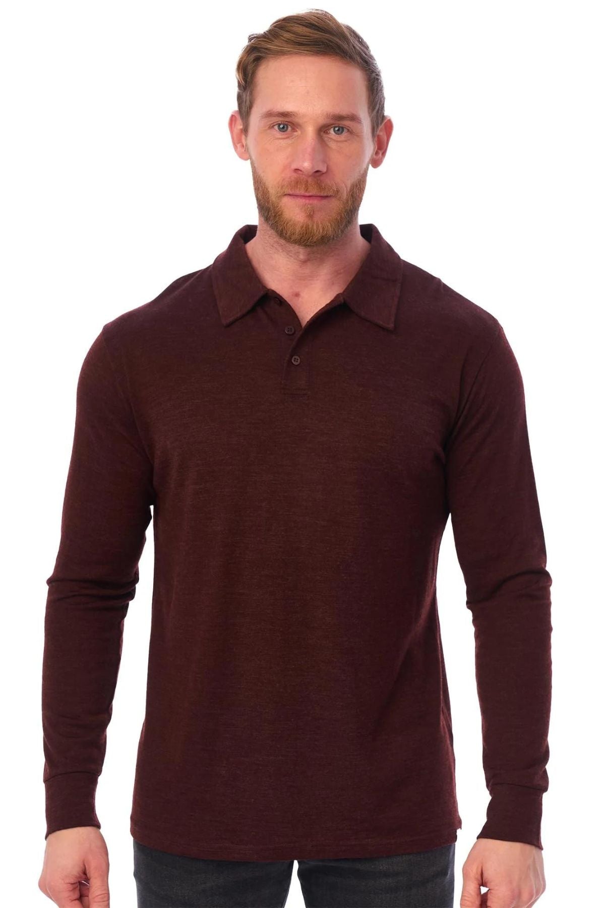 Men s Merino Wool Long Sleeve Polo Bordo