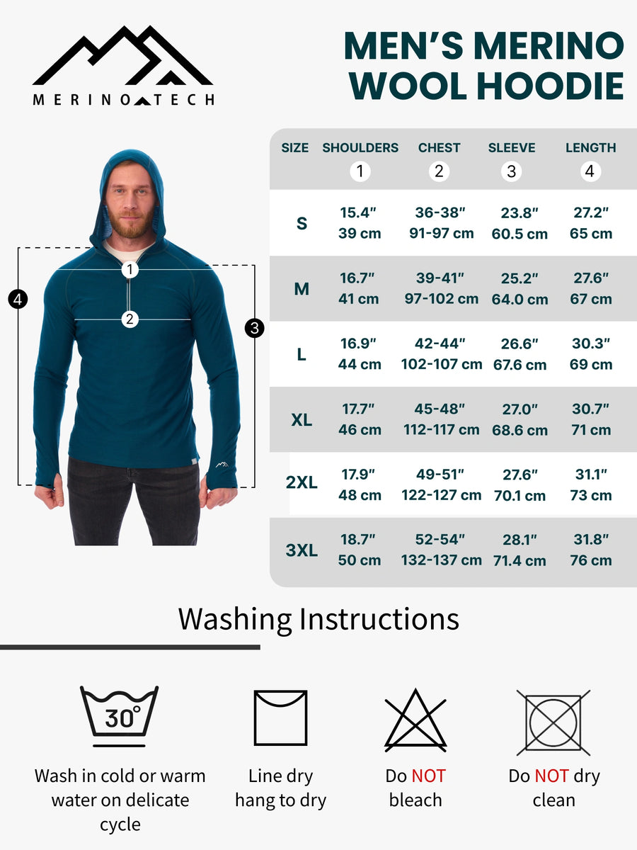 Men's merino half zip hoodie size guide