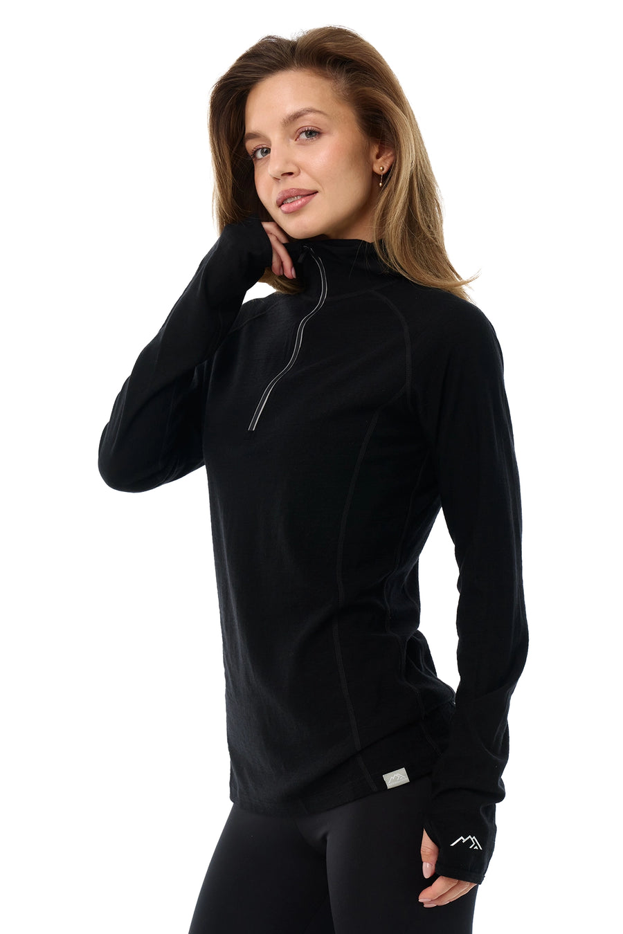 Women's Merino Wool Half Zip Hoodie 190 Black — view 3