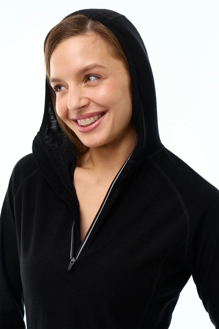 Women's Merino Wool Half Zip Hoodie 190 Black — view 4
