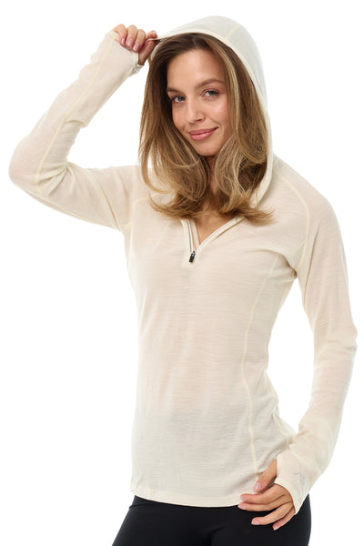 Women's Off-White Merino Half Zip Hoodie – Light & Soft – Merino Tech