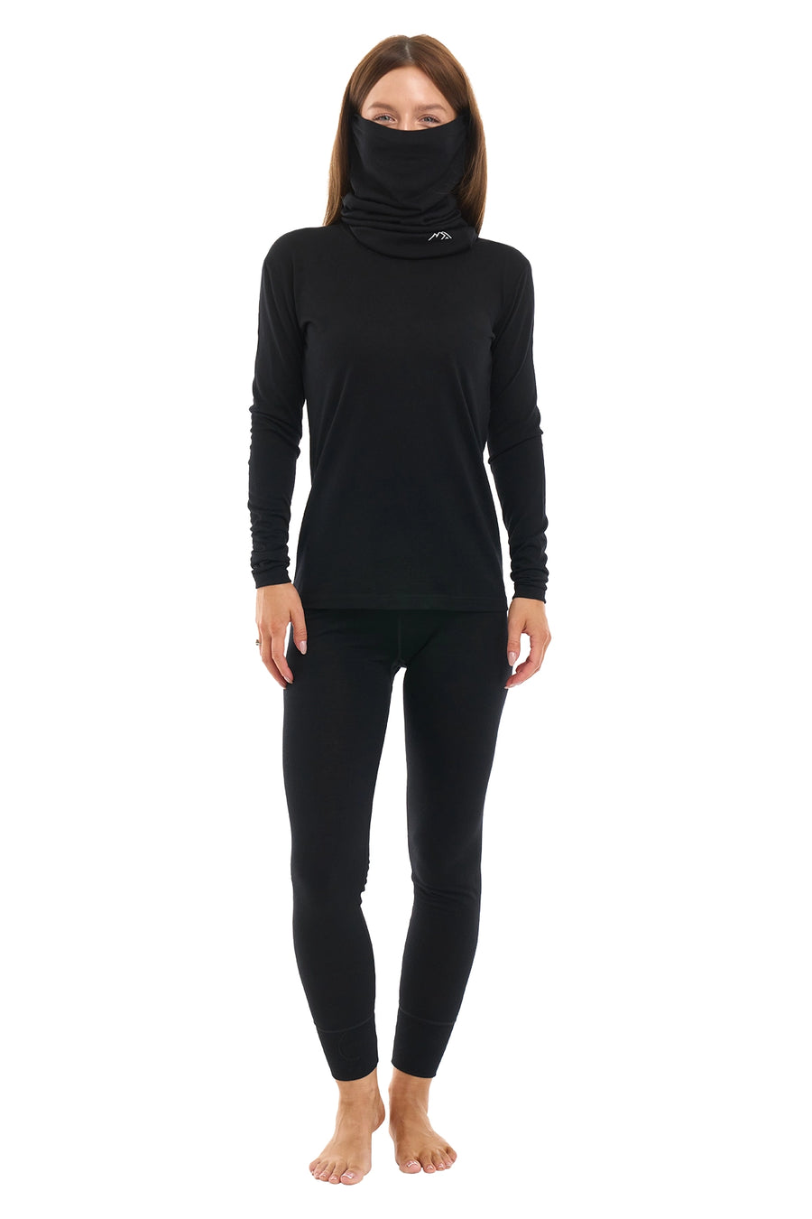 Conjunto negro de lana merina para mujer + cuello de protección