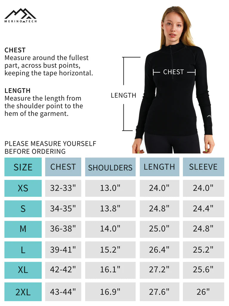 Women's merino half zip size chart