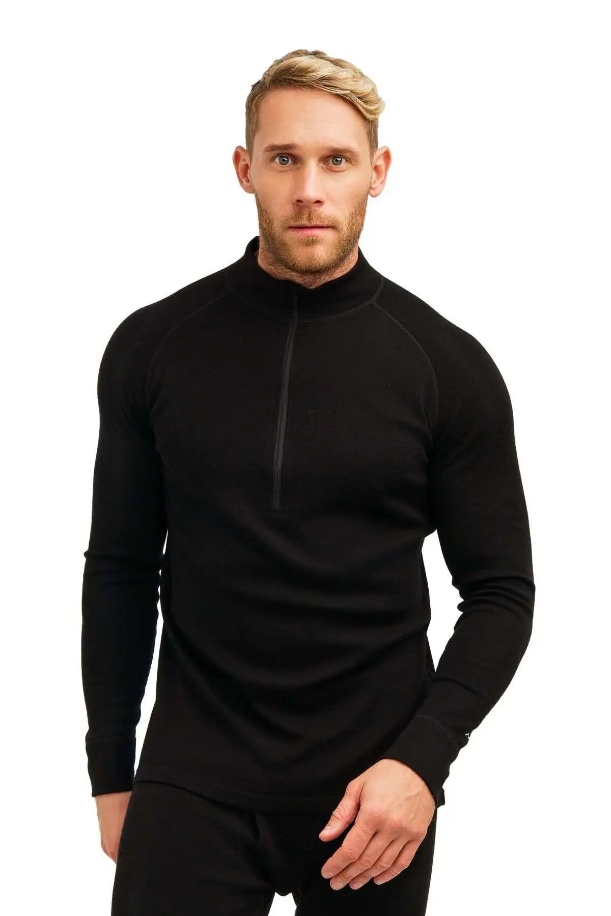 Merino Wool Half Zip Long Sleeve - Black Base Layer 320 – Merino Tech