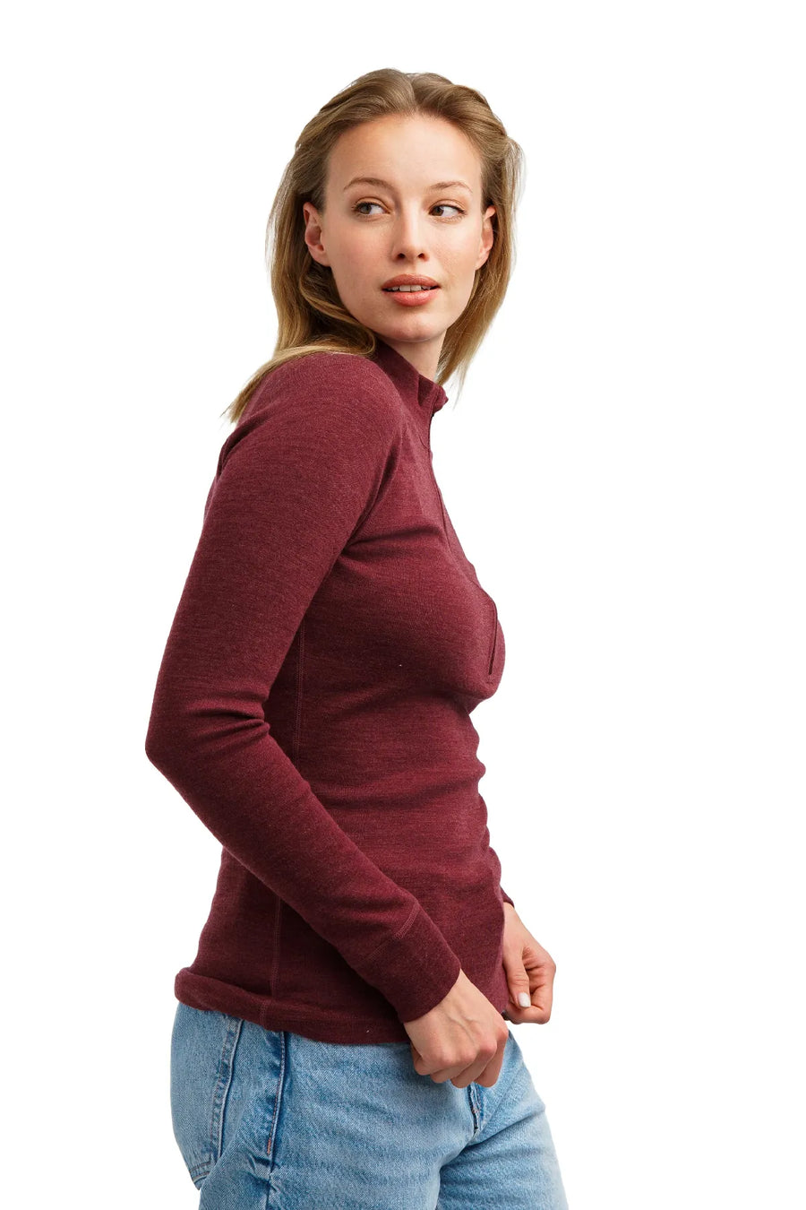 Women's Merino Half Zip Long Sleeve 320 Burgundy — view 2