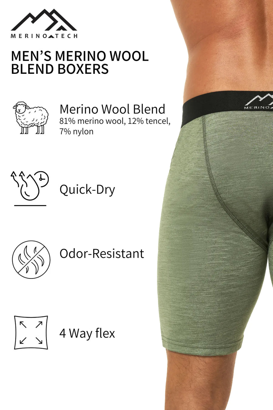 Men's Merino Boxers 170 Heather Olive, 1 pack — view 4