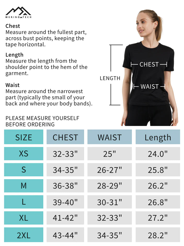 Women's merino T-shirt size chart