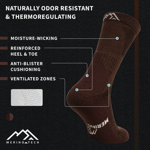 Durable 100% Merino Wool Brown Socks for Tourism & Outdoor Sports