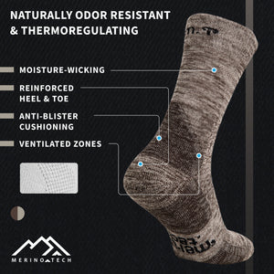 Merino Wool Hiking Socks - (Pack of 2) Heather Brown