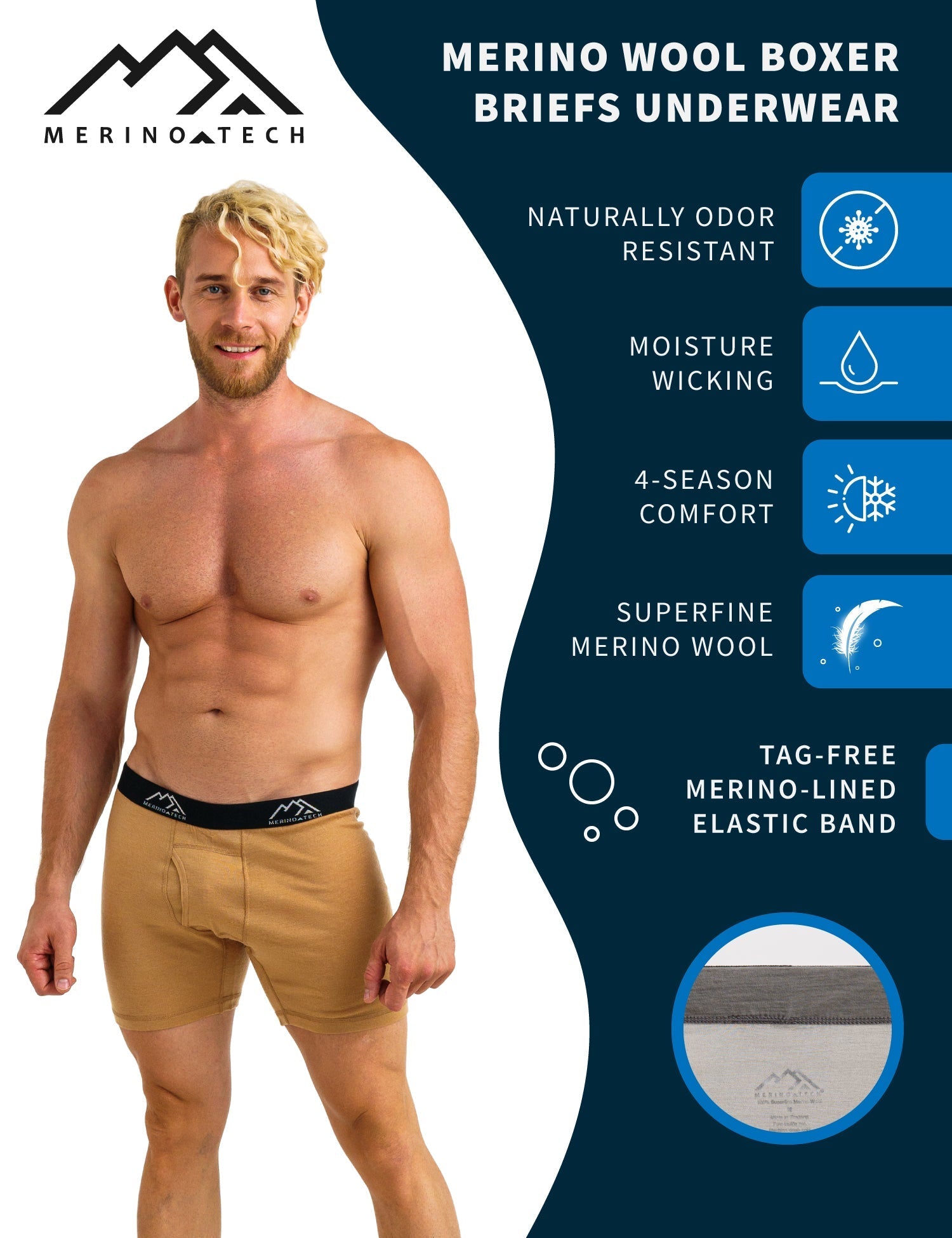 Men s 100 Merino Wool Camel Boxer Briefs Softness Performance Combined Merino.Tech